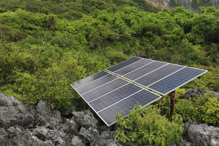Solar panel or Photovoltaics module installed on the top of the mountain on the island in Thailand.の写真素材