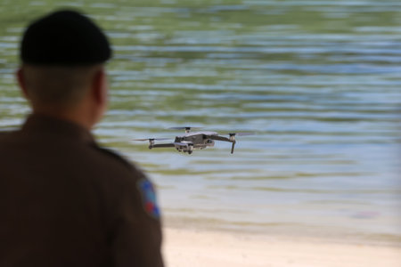 Police in Thailand are supervising drone operations on beaches at tourist attractions for safety reasons.の写真素材