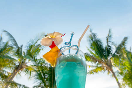 A close-up of a summer refreshing cocktail of blue color against a background of green palm trees and blue sky. interesting angle. free space. The concept of summer holidays, exoticsの写真素材
