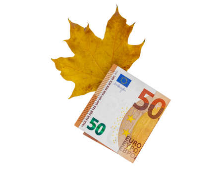Isolated on a white background of 50 euros and autumn multicolored maple leaves. autumn saleの写真素材