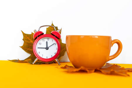 Coffee cup, alarm clock and autumn leaves. The concept of the autumn seasonの写真素材