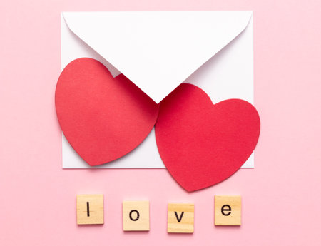 A white envelope with two red hearts and wooden cubes with the word Love on a pink background. A...