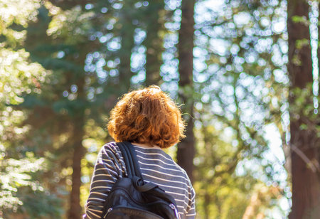 A woman with thick red curly hair strolls through the park on a sunny spring day, rear viewの写真素材