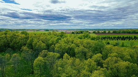 Springtime in Wisconsin out in the rural lands. View of fields, and trees to the horizon. A cloudy blue sky aboveの写真素材