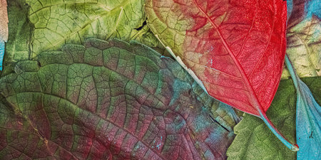 A heap of decoratie colored leaves from a plant mixed together.