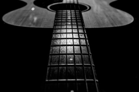 Acoustic guitar, acoustic guitar, black and white photo. Close-up.の写真素材