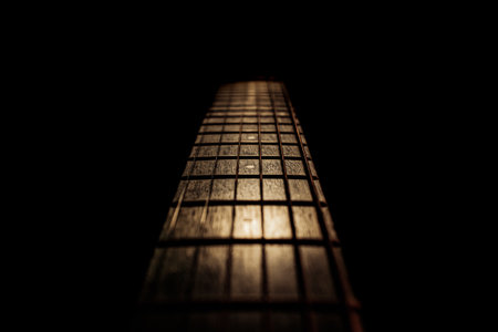 Guitar fretboard close up on black background with selective focusの写真素材