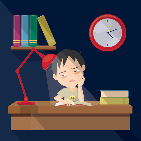 Sleepless boy read a book before exam tomorrow in cartoon character illustration.のイラスト素材