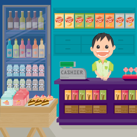 Supermarket store with happy staff icon in cartoon character illustration.のイラスト素材