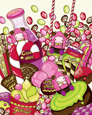 Pink three sheep in candy town. vector illustrationのイラスト素材