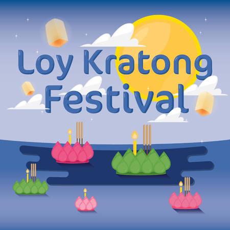 Loy Krathong festival in Thailand Vector Illustrationのイラスト素材