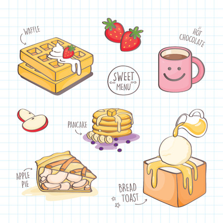 Colorful doodle style dessert. Vector set of dessert menu for cafe.のイラスト素材