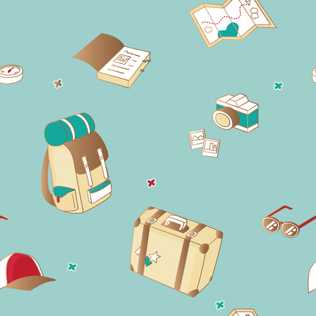 Vector pattern illustration of travel objects on blue background.のイラスト素材