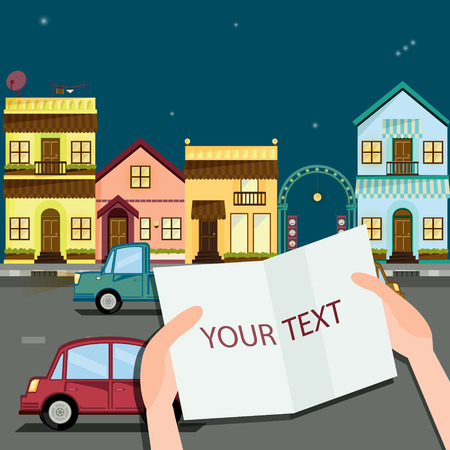 Urban night scene with blank paper in hand. Vector illustrationのイラスト素材