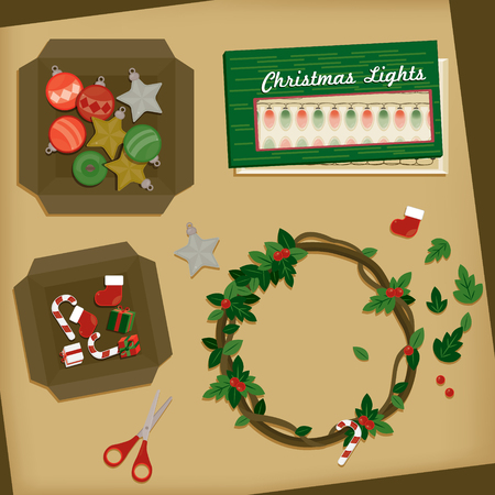 Top view of Christmas decoration table. Vector illustrationのイラスト素材