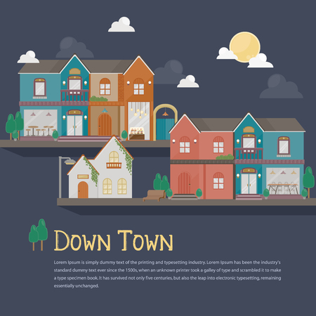 Illustration of urban building. Colourful building at night with full moon. Down town flat building template.のイラスト素材