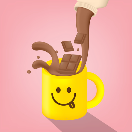 Vector illustration. Chocolate milk splash into the yellow mugのイラスト素材