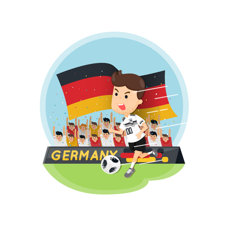 Cartoon Germany's football player character with football fans background. Flat vector designのイラスト素材