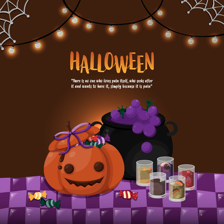 Halloween template. Pumpkin and toxic pot on the table with halloween theme.のイラスト素材