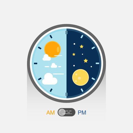 Day and night in clock pattern. Day night concept with sun and moon on blue and dark sky.のイラスト素材