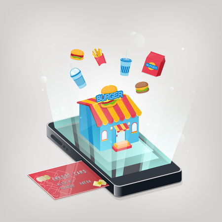 Store shop isometric with mobile phone. Shopping Online Mobile Phone VECTORのイラスト素材
