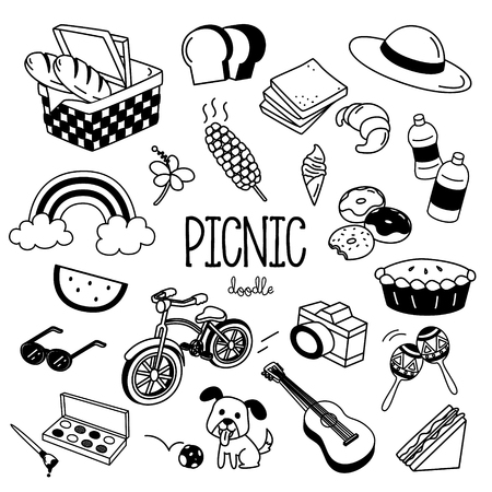 Hand drawing styles picnic items. Picnic doodle.のイラスト素材