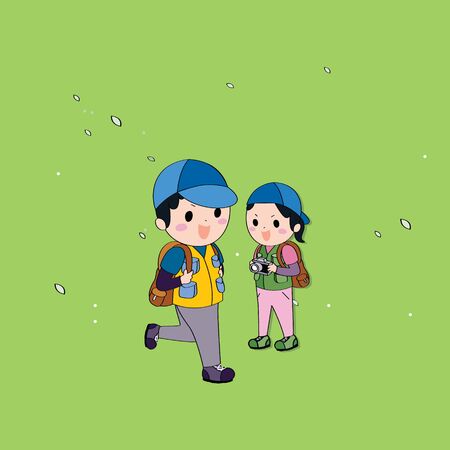 Young couple with travel backpack standing on green background. Character design.のイラスト素材