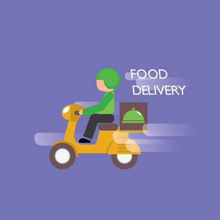 Fast delivery by scooter. Vector cartoon illustration.Vector design logo food delivery.のイラスト素材