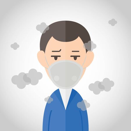 Man is wearing mask to protect outdoor air pollution. PM 2.5 in dust meter. Business man character.のイラスト素材