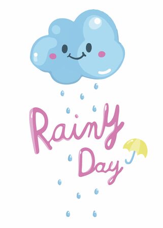 Vector illustration. Cute hand drawing little cloud and raining with "Rainy Day" text.のイラスト素材