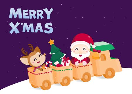 Merry Christmas Greeting card. Cute Santa claus and reindeer on the train with a lot of gifts. Christmas template.のイラスト素材