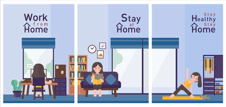 Coronavirus (COVID-19) campaign to stay at home. Girl sitting at work desk for work at home.のイラスト素材