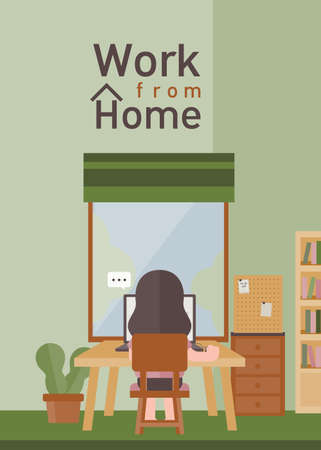 Coronavirus (COVID-19) campaign to stay at home. Girl sitting at work desk for work at home.のイラスト素材
