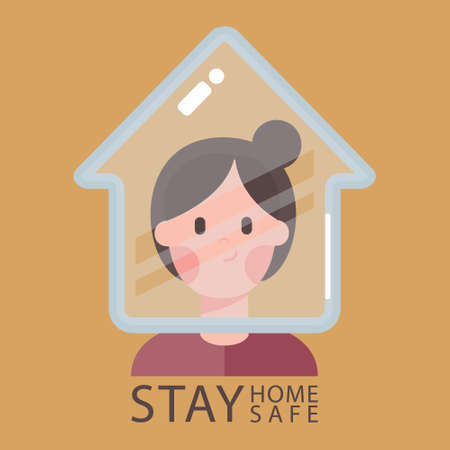 Coronavirus (COVID-19) campaign to stay at home. Girl sitting at work desk for work at home.のイラスト素材