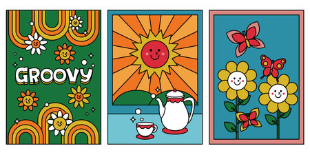 Set of four cards with sun, flowers and butterflies. Vector illustration.