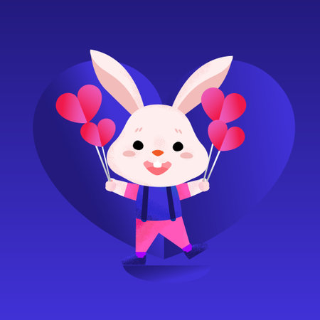 Cute cartoon bunny holding heart shaped balloons on blue background. Vector illustration.のイラスト素材