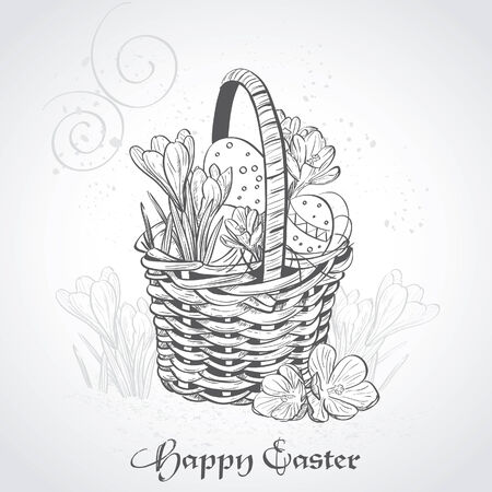 Easter card with a basket and flowers  Vintage backgroundのイラスト素材