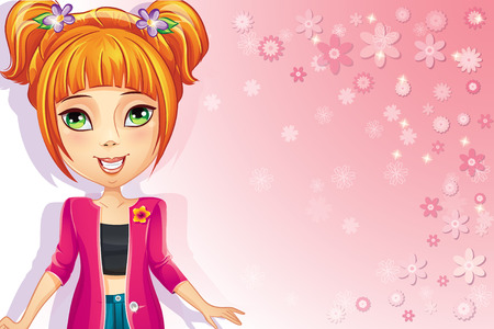 Pink floral background with teen girl のイラスト素材