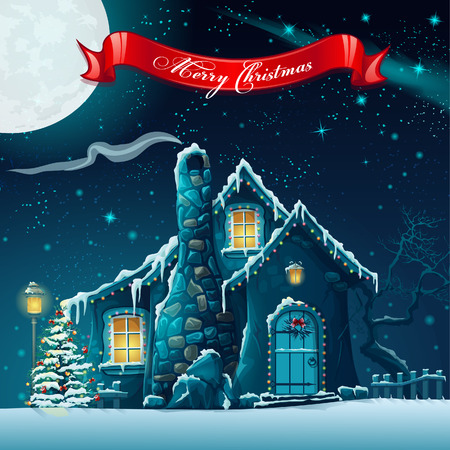 Greeting card with a Christmas tree and fairy houseのイラスト素材
