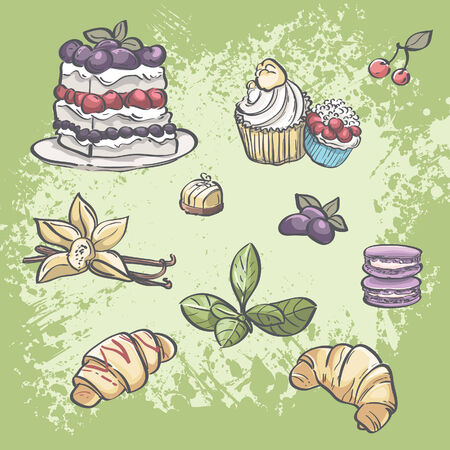 Vector set of food croissants, blackberry pie, muffins, fruit and tea leavesのイラスト素材