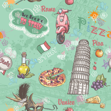 Seamless texture on Italy with a picture of the food, architecture, and various subjects in italy.のイラスト素材