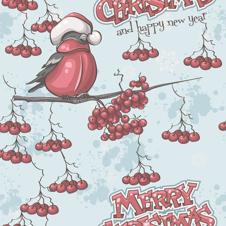 Seamless texture to the Christmas and New Year with bullfinches on branches of a mountain ashのイラスト素材