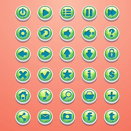 Big set of round buttons cartoon green for the game interfaceのイラスト素材