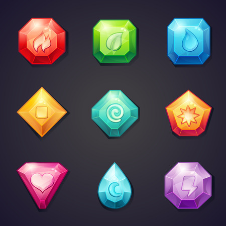 Set of cartoon colored stones with different signs element for use in the game, three in a rowのイラスト素材