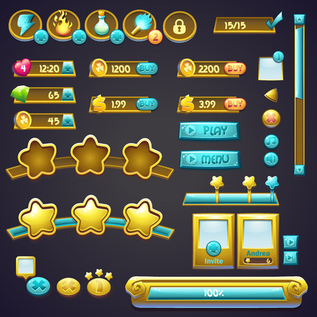 Set of different elements in a cartoon style, progress bars, boosters buttons and other elementsのイラスト素材