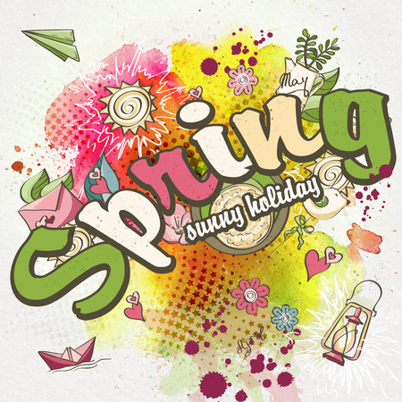 Spring background with watercolor stains and colored doodlesのイラスト素材