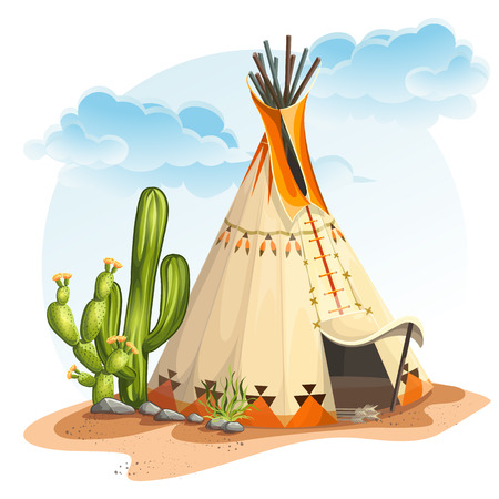 Illustration of the North American Indian tipi home with cactus and stonesのイラスト素材