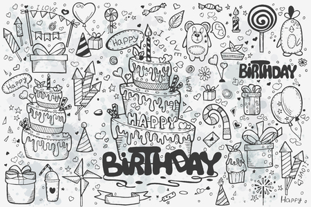 A large set of hand-drawn doodles to birthday. Birthday cake, balloons, rockets, gifts.のイラスト素材