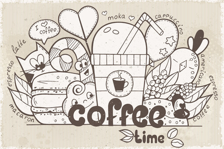 Illustration vector doodles with funny characters on the theme of the coffee in retro styleのイラスト素材