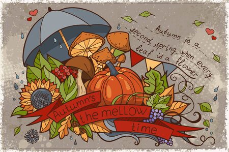 Illustration to the autumn season of doodles and inscriptions painted by handのイラスト素材
